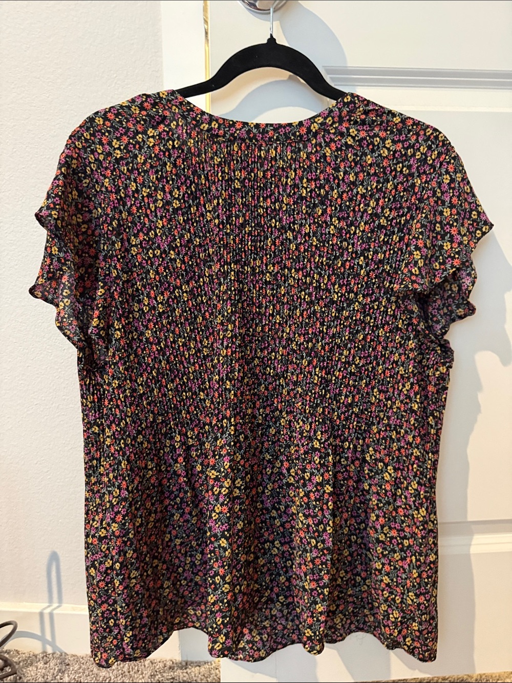 Adrianna Papell Black Floral Smocked Flutter Sleeve Blouse